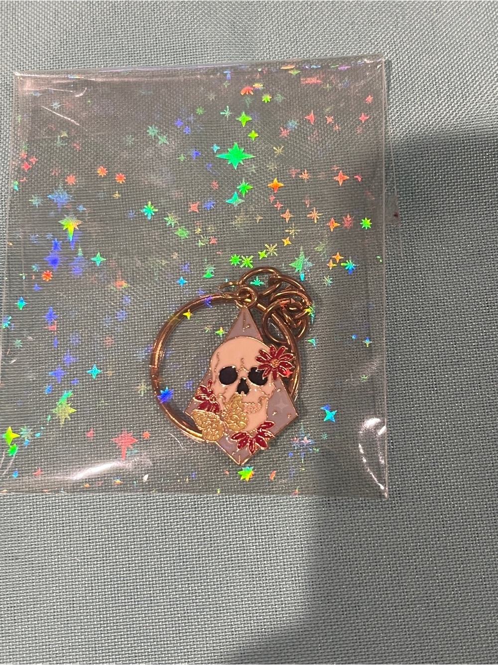 Rose Gold Skull Keyring with Pink and Gold Floral Accents - Kids Accessories